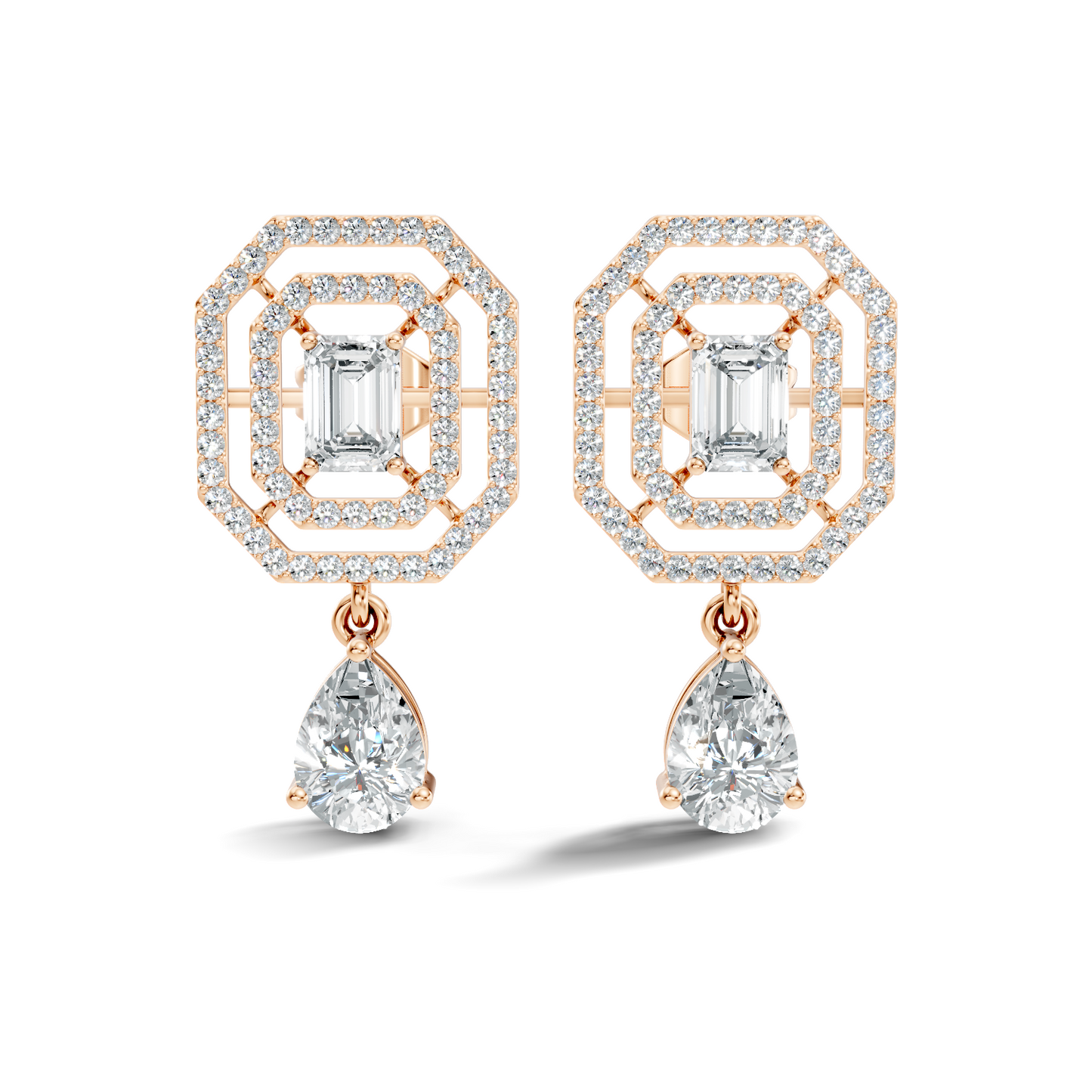 Elegant 2.48 Ct Emerald Cut Diamond Earrings with Pear Drop Accent In 14K Solid Gold