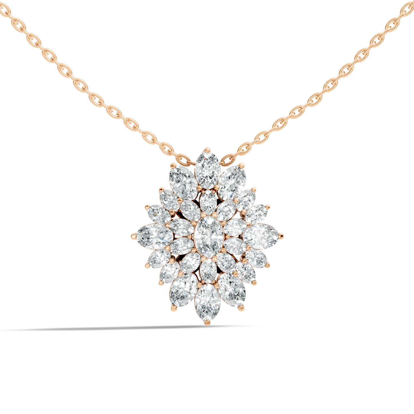 Lab Grown Diamond Sunburst Cluster Pendant 14K Rose Gold NecklaceTimeless Floral Design Jewelry