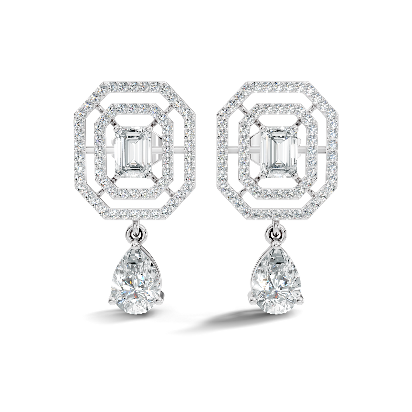 Elegant 2.48 Ct Emerald Cut Diamond Earrings with Pear Drop Accent In 14K Solid Gold