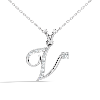 Dainty Round Cut Diamond V Pendant 14K Solid White Gold Minimalist Alphabet Necklace