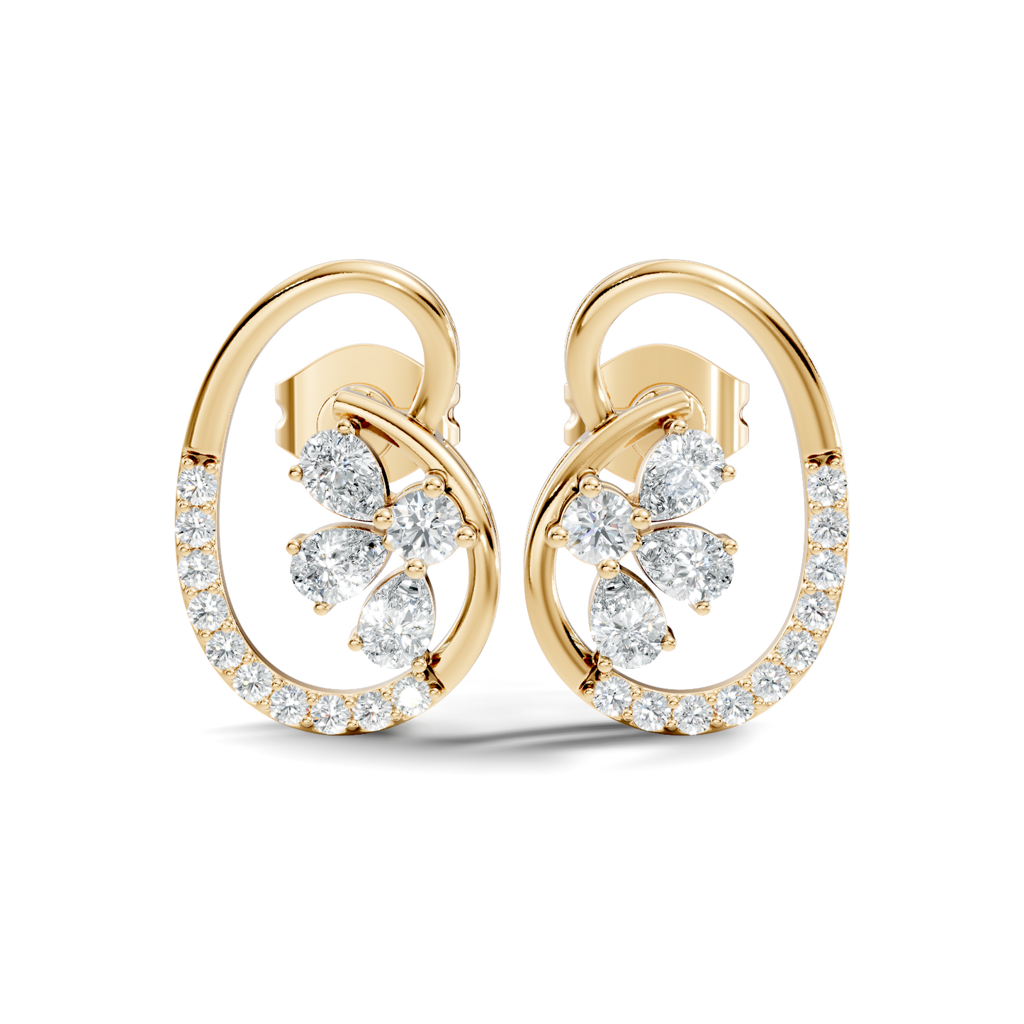 Elegant Oval Frame Floral Pear And Round Diamond Stud Earrings In 14K Solid Rose Gold