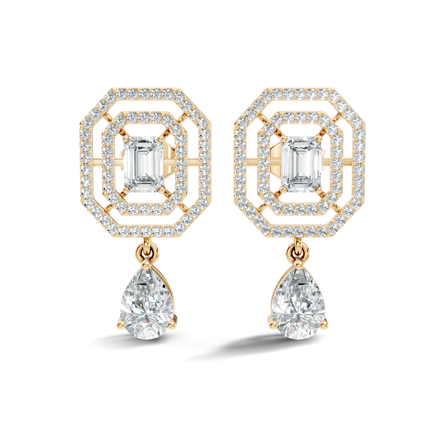 Elegant 2.48 Ct Emerald Cut Diamond Earrings with Pear Drop Accent In 14K Solid Gold
