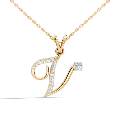 Dainty Round Cut Diamond V Pendant 14K Solid White Gold Minimalist Alphabet Necklace