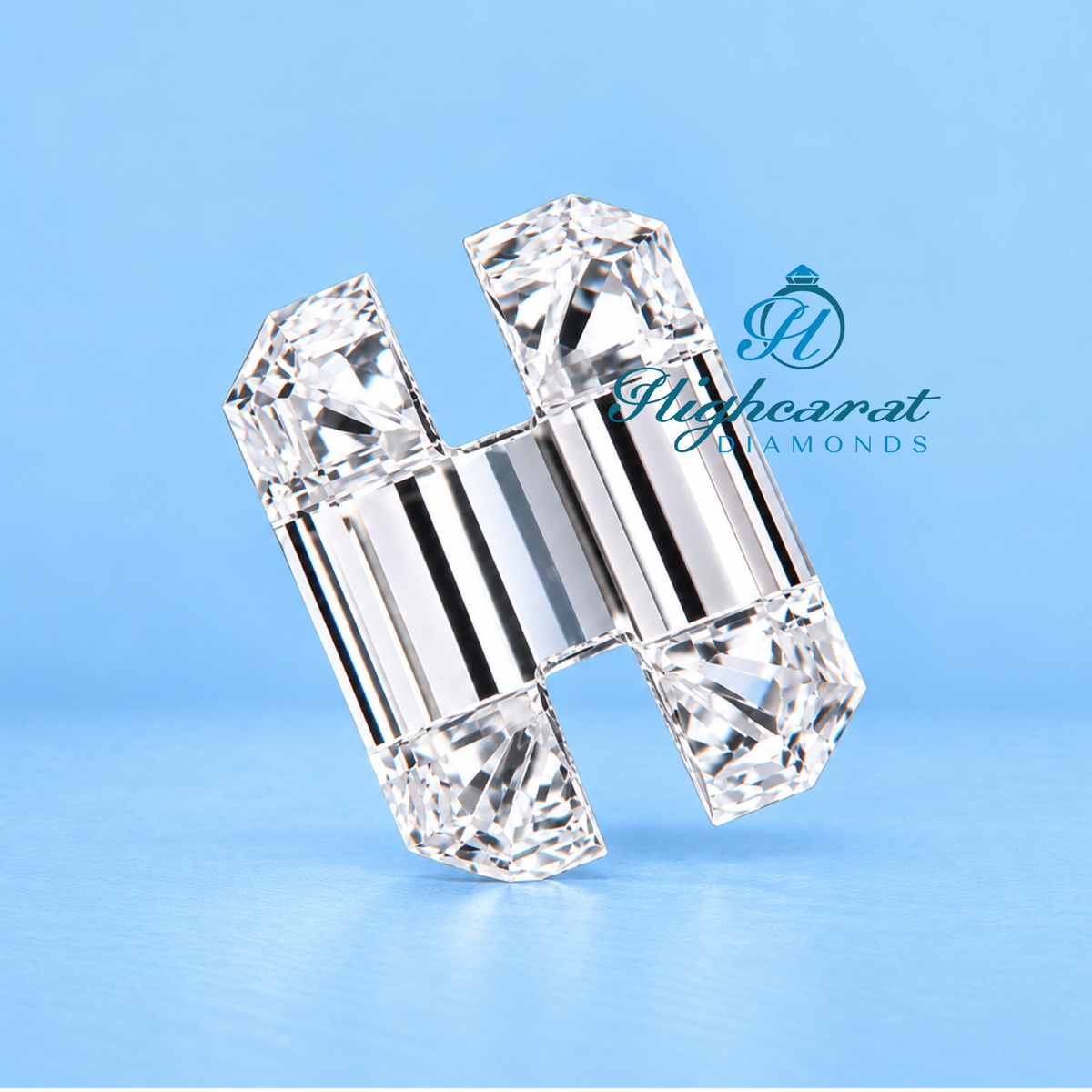 Close-up view of unique H shape lab grown diamond