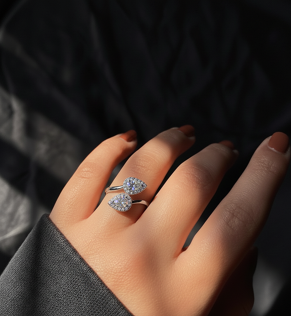 Lab Grown Pear & Round Diamond Halo Open Bypass Ring