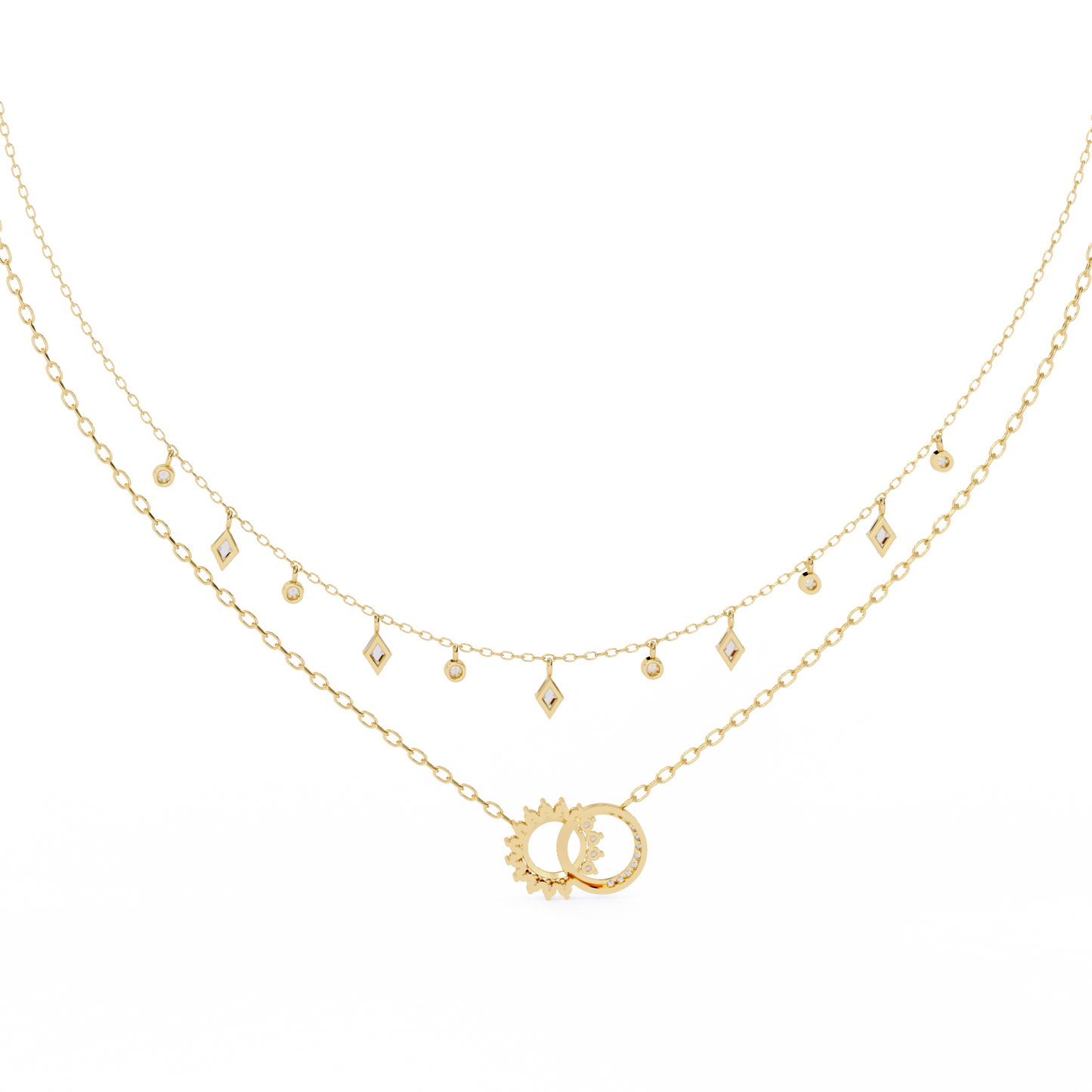 Round Cut 10k Solid Rose Gold Diamond Unique Open Circle Vintage Multi Layer Statement Party Wear Anneke Necklace