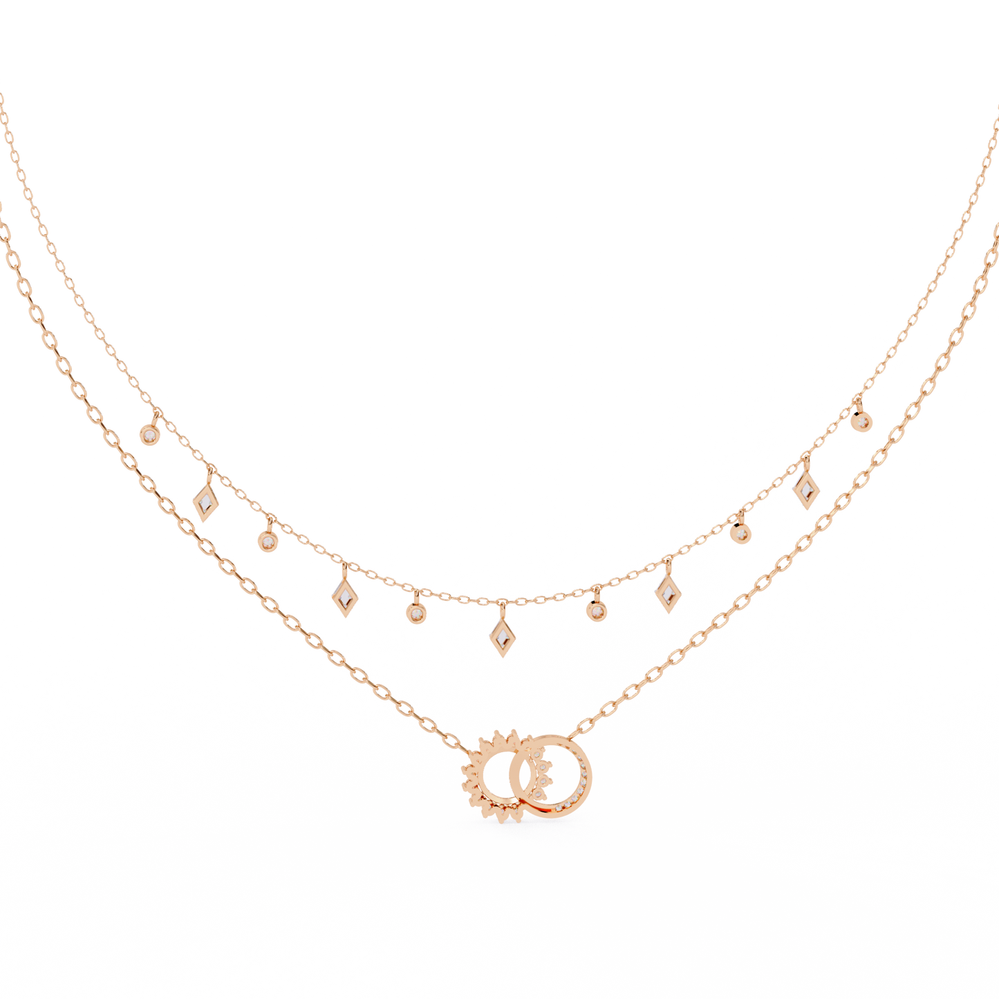 Round Cut 10k Solid Rose Gold Diamond Unique Open Circle Vintage Multi Layer Statement Party Wear Anneke Necklace