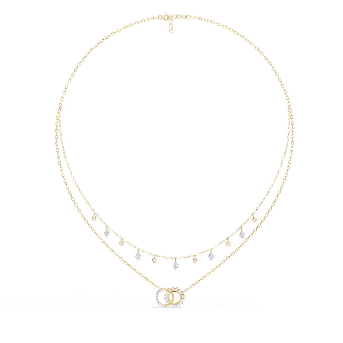 Round Cut 10k Solid Rose Gold Diamond Unique Open Circle Vintage Multi Layer Statement Party Wear Anneke Necklace