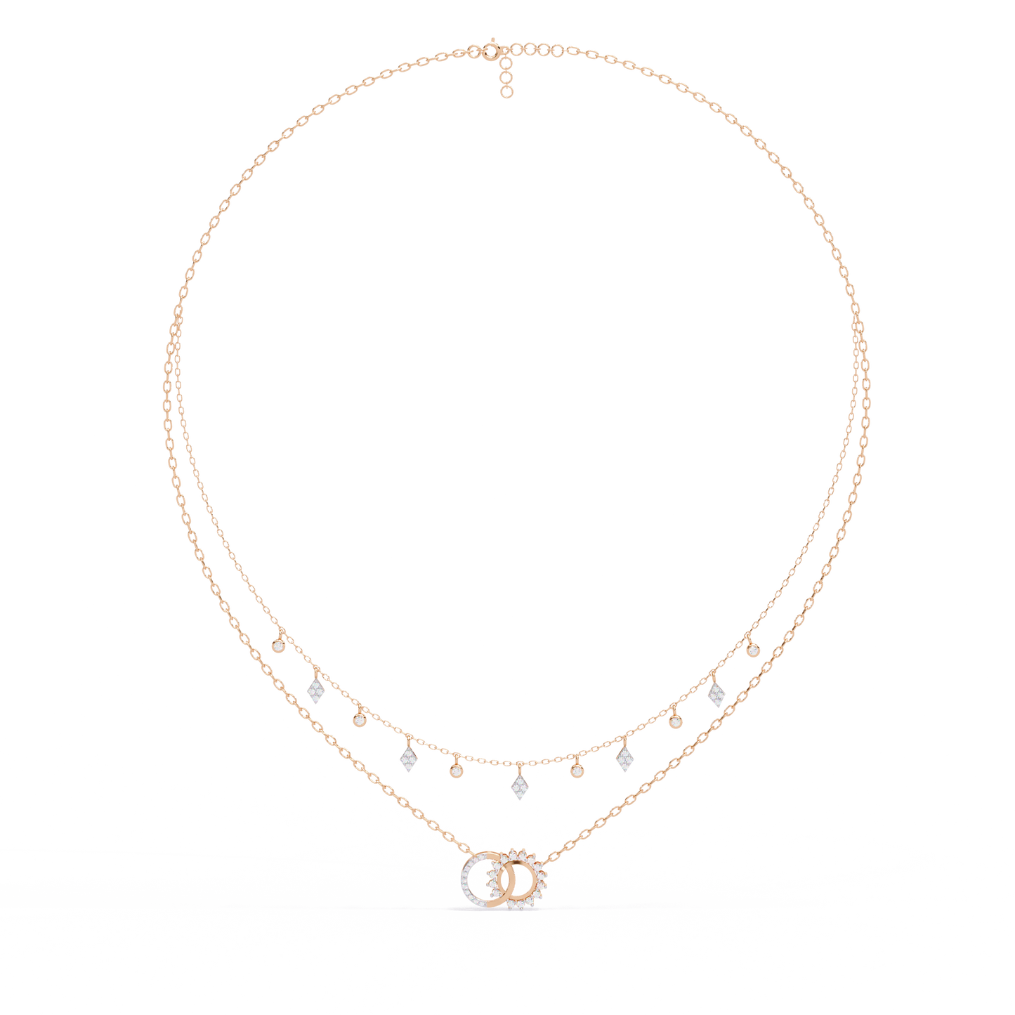 Round Cut 10k Solid Rose Gold Diamond Unique Open Circle Vintage Multi Layer Statement Party Wear Anneke Necklace