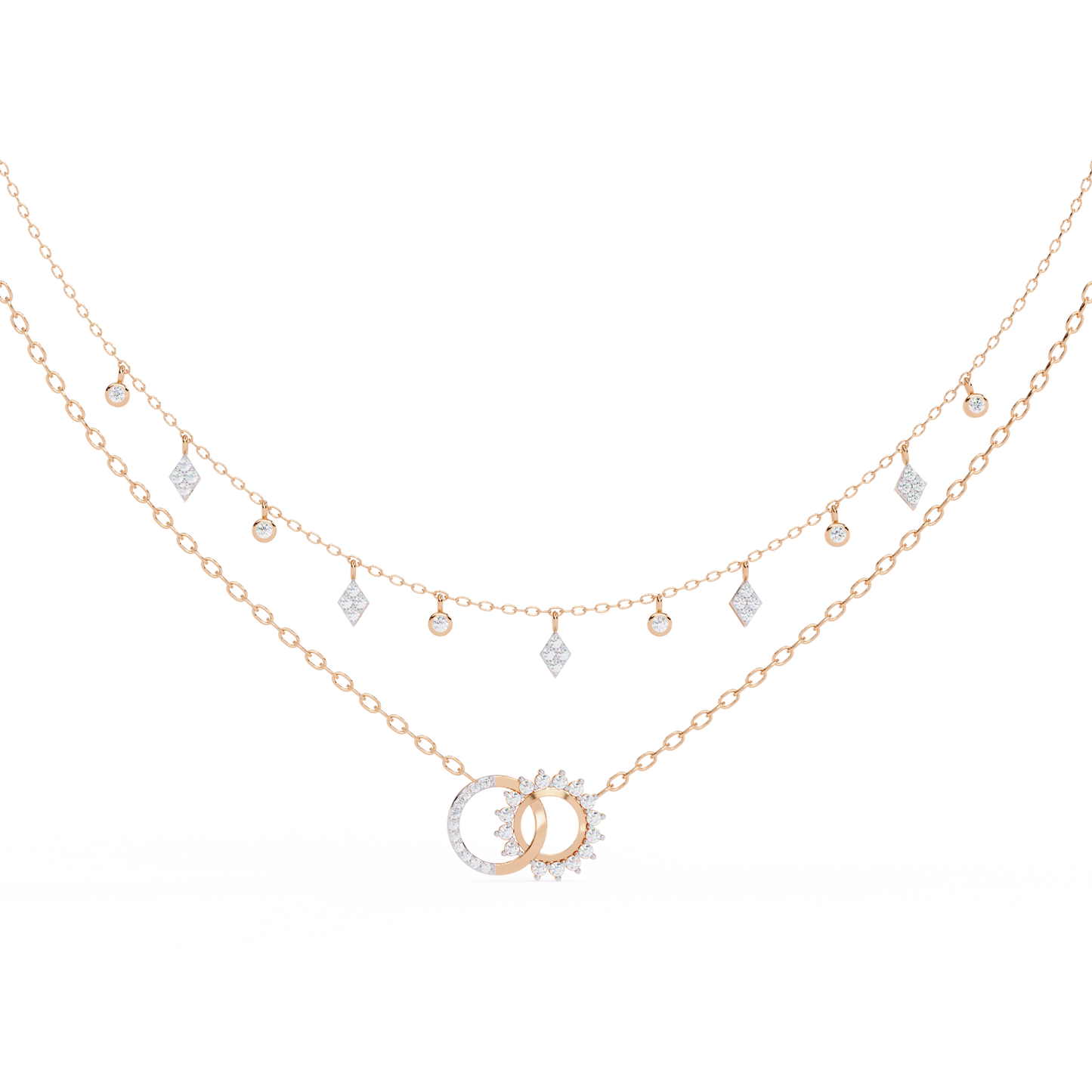 Round Cut 10k Solid Rose Gold Diamond Unique Open Circle Vintage Multi Layer Statement Party Wear Anneke Necklace