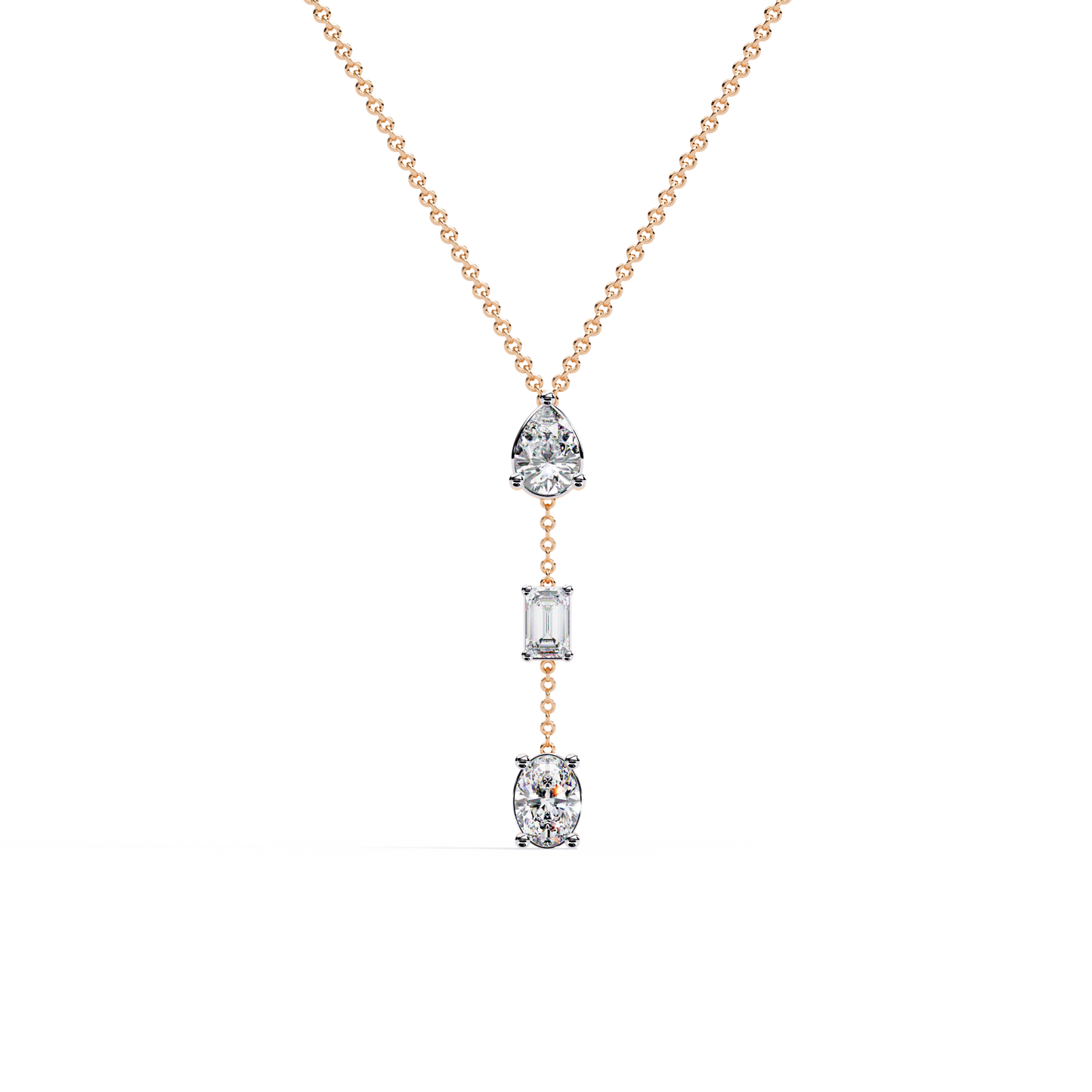 10k Solid Rose Gold  Oval , Pear And Emerald Cut 1.54 Ct Lab Grown Three Diamond Unique occasionally Wear Necklace