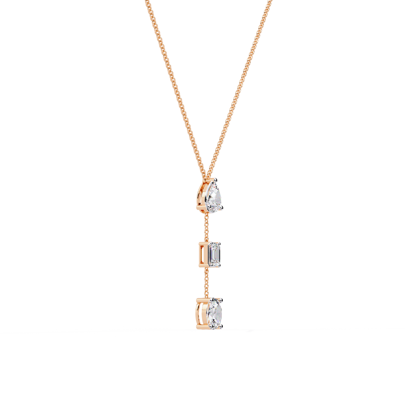 10k Solid Rose Gold  Oval , Pear And Emerald Cut 1.54 Ct Lab Grown Three Diamond Unique occasionally Wear Necklace
