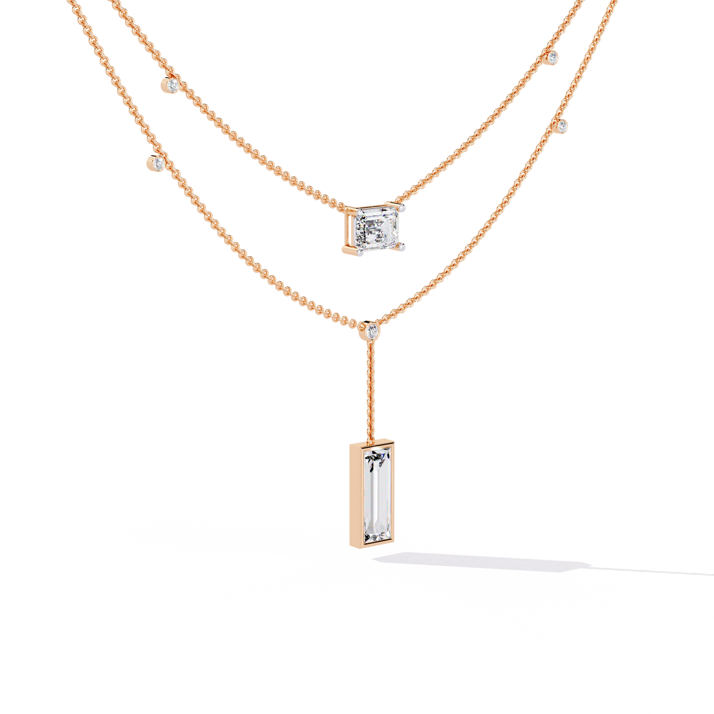 5.47 Ct Emerald , Baguette And Round Lab Grown Cut Diamond Unique Art Deco Dainty Necklace For Her