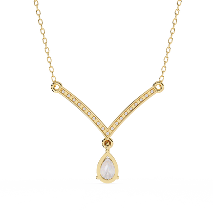 V Shape 10k Solid Gold  Pear And Round Cut Lab Grown Diamond Delicate Unique Statement Vintage Necklace