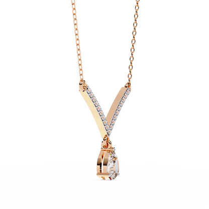 V Shape 10k Solid Gold  Pear And Round Cut Lab Grown Diamond Delicate Unique Statement Vintage Necklace