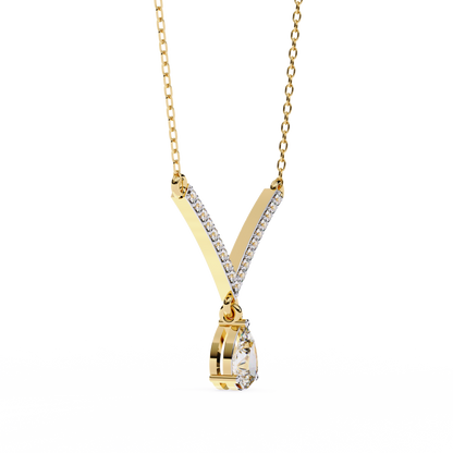 V Shape 10k Solid Gold  Pear And Round Cut Lab Grown Diamond Delicate Unique Statement Vintage Necklace
