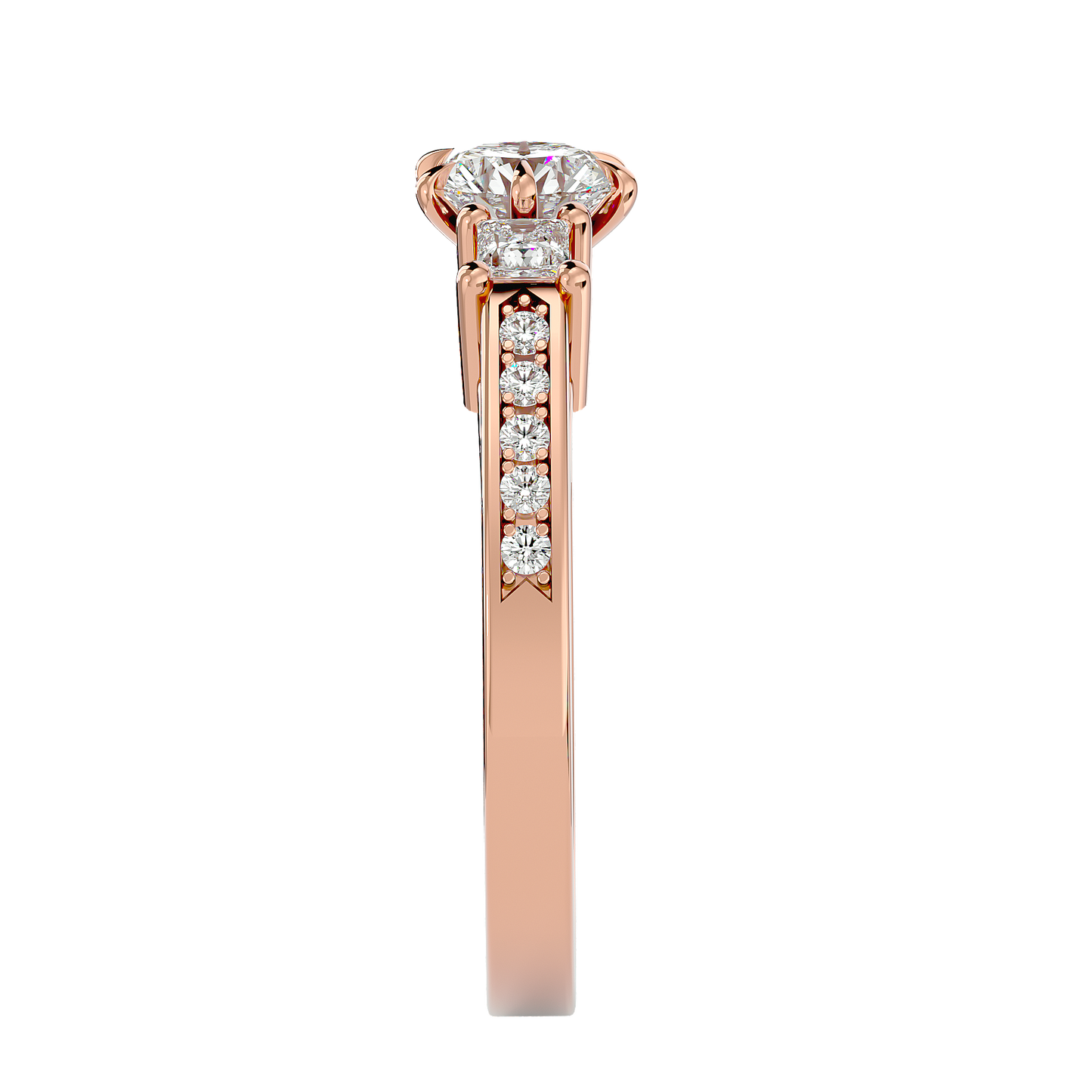 Princess And Round Diamond Accented 18K Solid Gold Three Row Diamond Proposal Ring For Her.