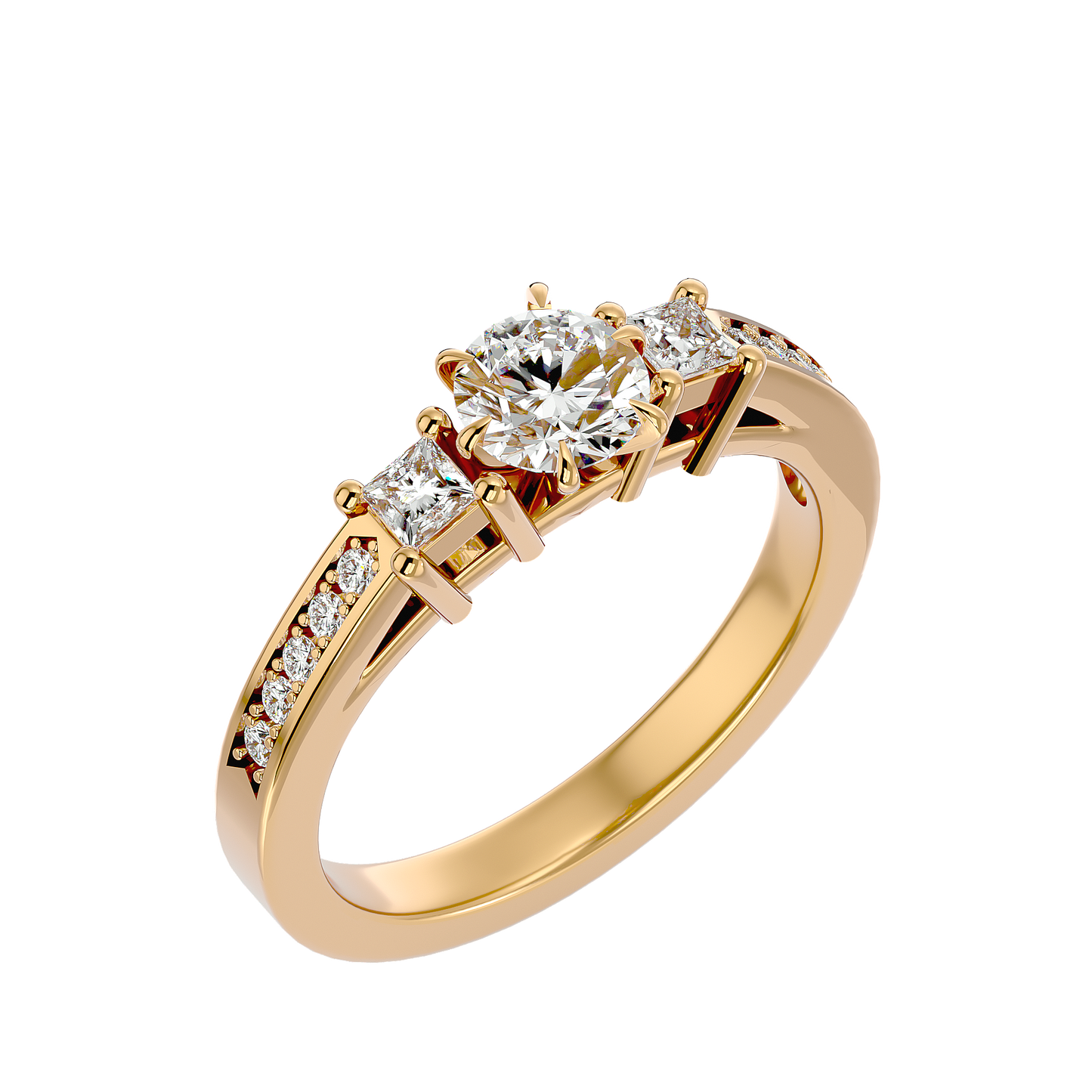 Princess And Round Diamond Accented 18K Solid Gold Three Row Diamond Proposal Ring For Her.