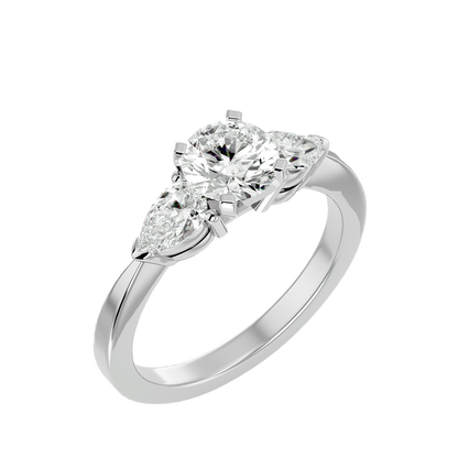 2.18 CT Round & Pear Cut Lab Grown Diamond Engagement  3 Stone 14k Solid White Gold Diamond Ring