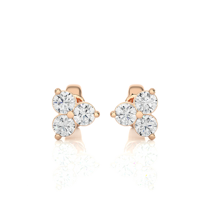 3 Stone Round Diamond Stud Earrings 14K Solid Gold Colorless Natural And Lab Diamond Earring