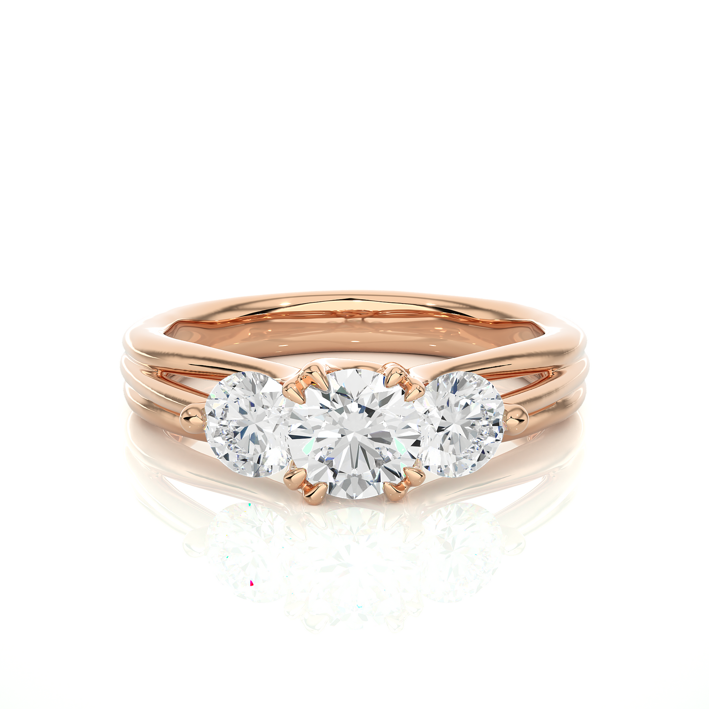3 Stone Round Shape Ring, Lab Grown 14k Solid Gold Ring, Handmade Jewelry For Her
