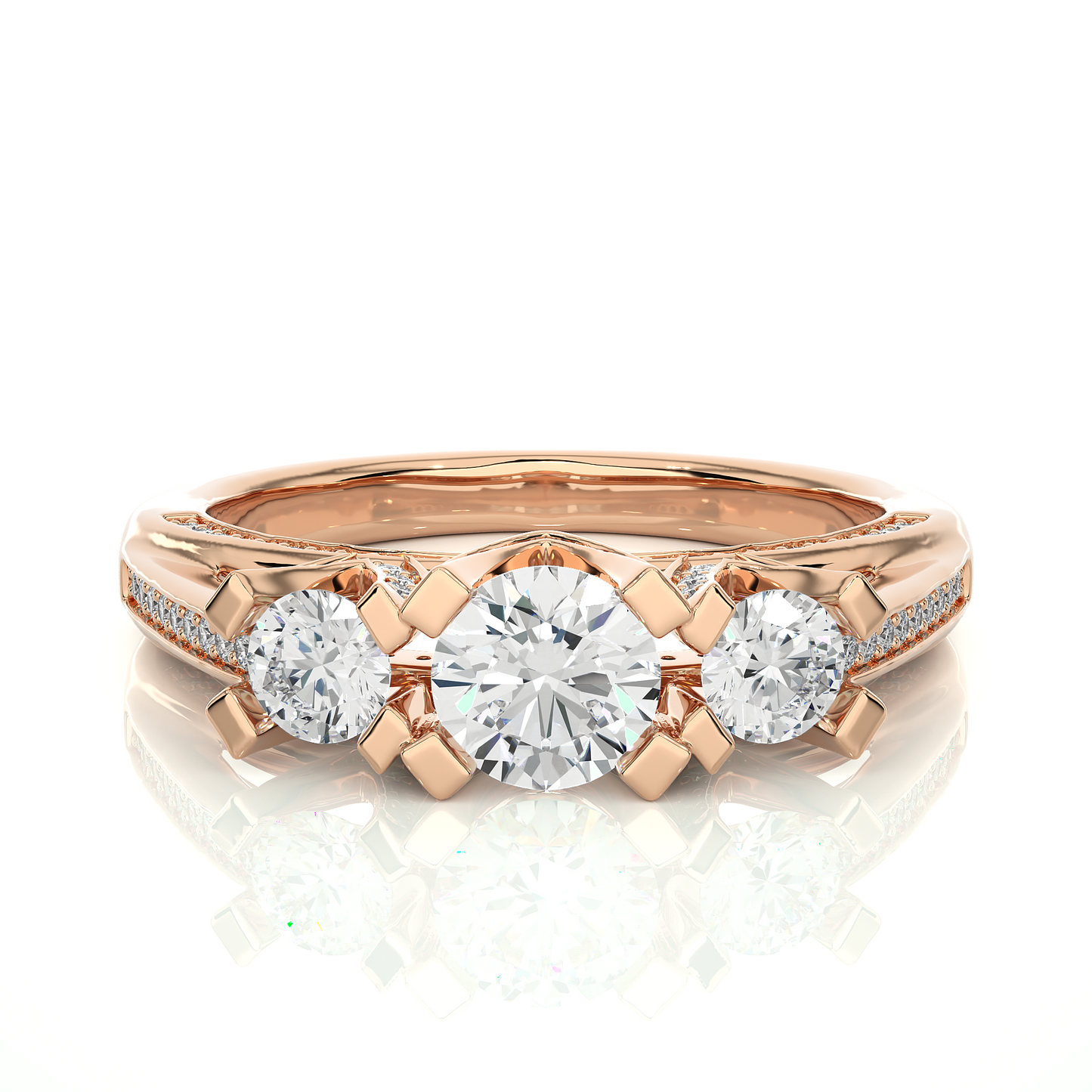 1.19 Ct Round Cut Lab grown Diamond Ring Three stone And Pave and Side Stone wedding Ring For Her