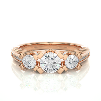 1.19 Ct Round Cut Lab grown Diamond Ring Three stone And Pave and Side Stone wedding Ring For Her