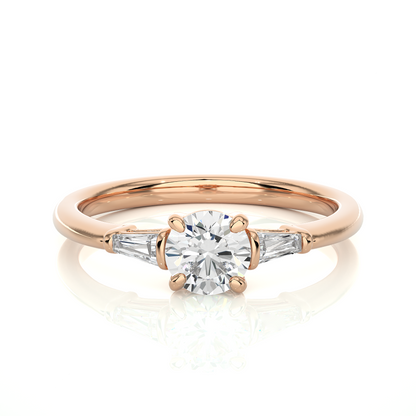 14k Solid Gold Round & Baguette Cut Lab Grown  Diamond Engagement Three stone Gift For Her