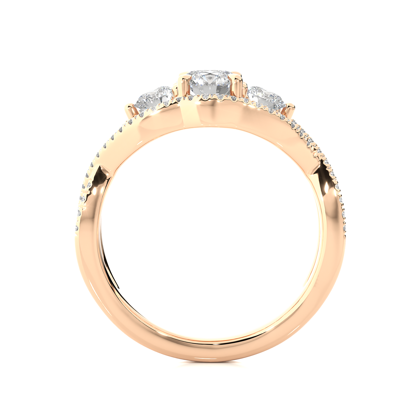 18K Solid Gold Ring, 1.07 Ct Three Stones With Pave And Side Stones Special Round Shape Ring For Women