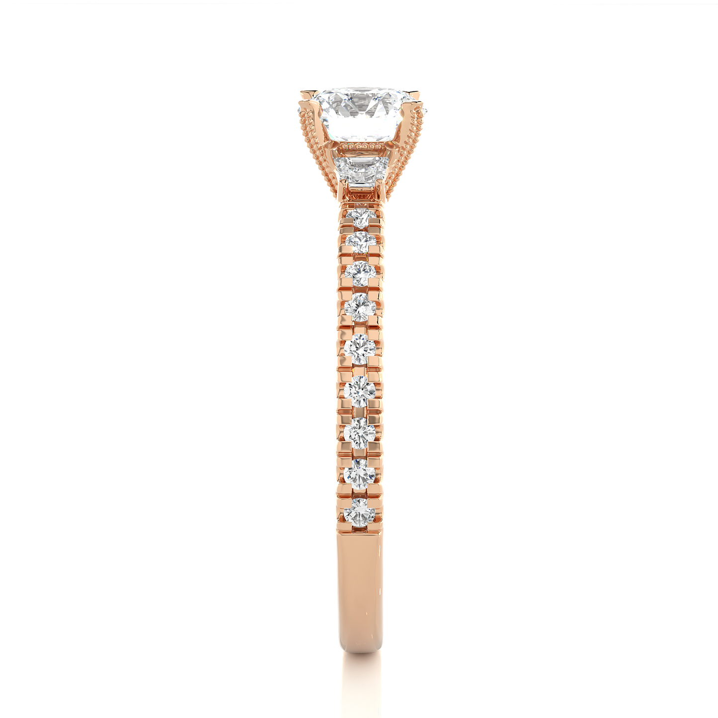 14k Solid Rose Gold Round Cut Lab Grown and Baguette Diamond, Three stone Engagement Proposal Anniversary Ring