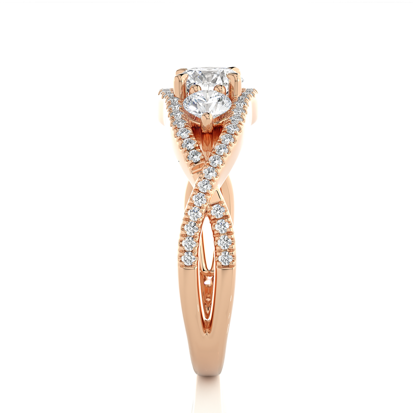 18K Solid Gold Ring, 1.07 Ct Three Stones With Pave And Side Stones Special Round Shape Ring For Women