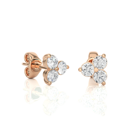 3 Stone Round Diamond Stud Earrings 14K Solid Gold Colorless Natural And Lab Diamond Earring