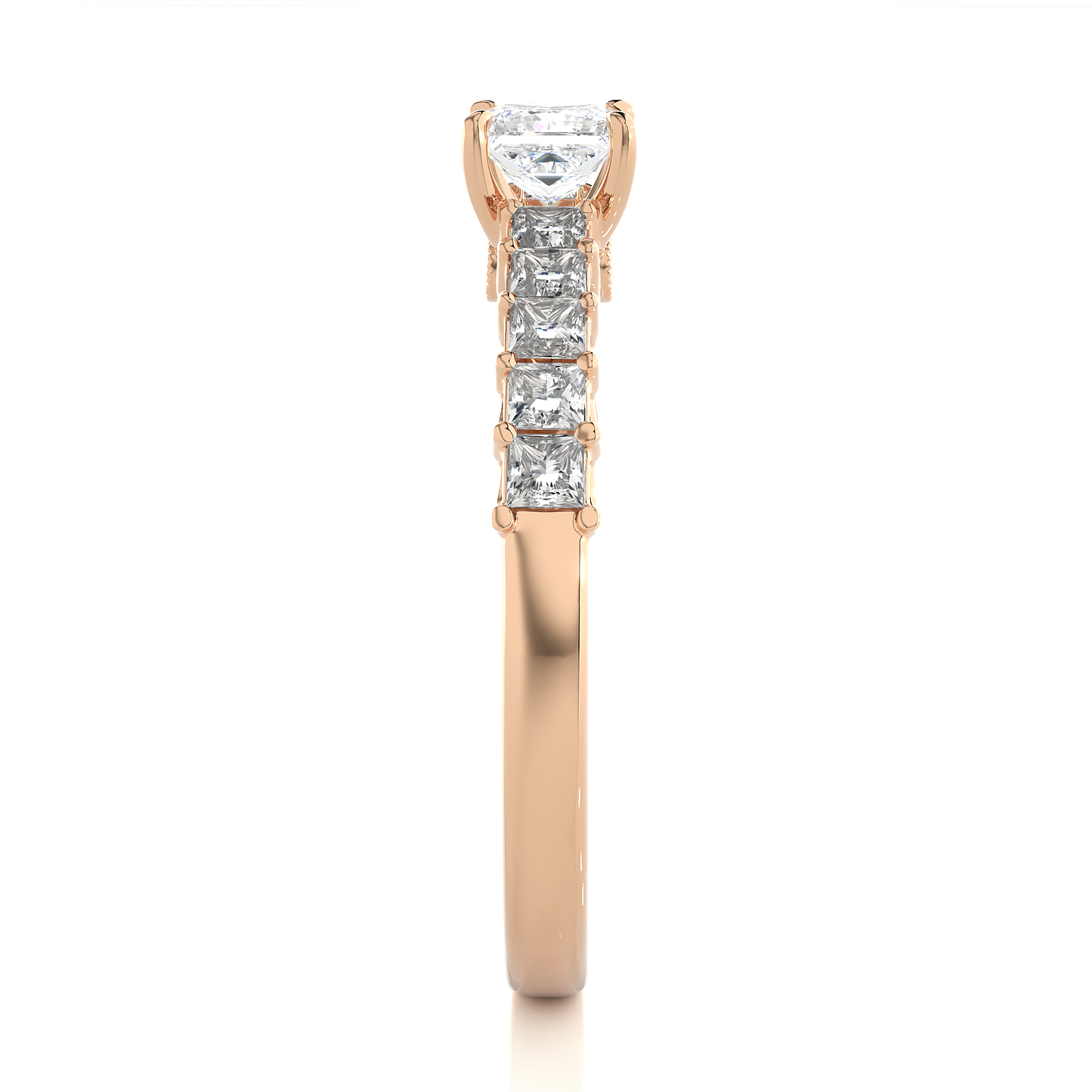 Princess & Round Cut Lab grown Diamond Ring , 14K white Gold Round Side Stone Ring For Her