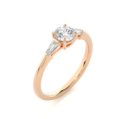 14k Solid Gold Round & Baguette Cut Lab Grown  Diamond Engagement Three stone Gift For Her