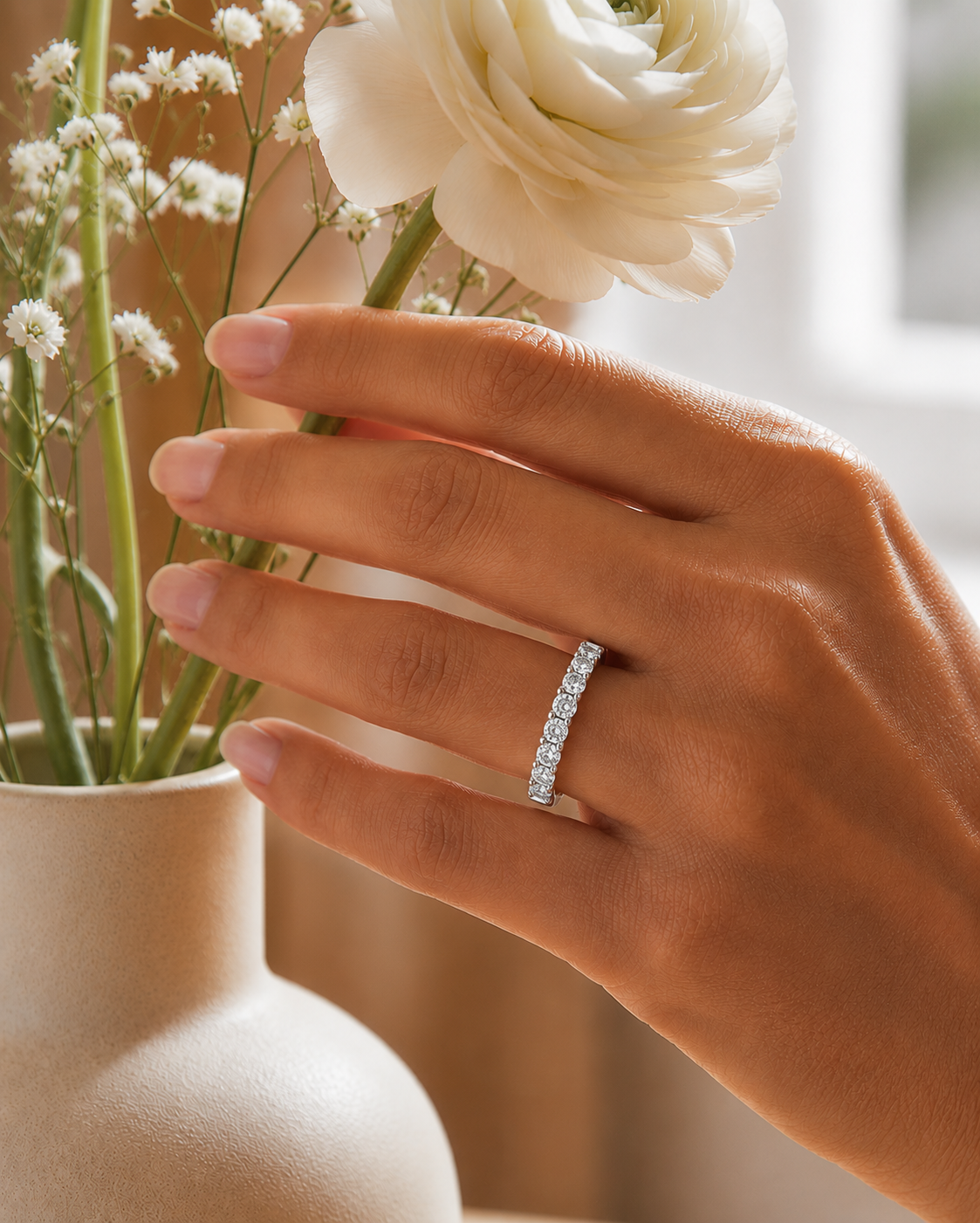 Elegant Round Diamond Band in 18KT Solid Gold With Shared Prong Half Eternity Style - HIGHCARAT DIAMONDS