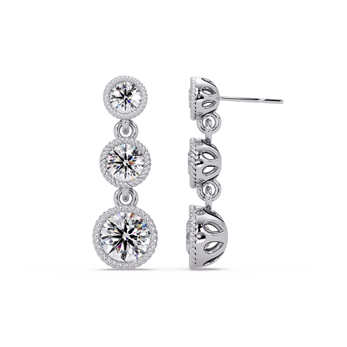 Round Lab Grown Diamond Three Stone Drop Earrings - HIGHCARAT DIAMONDS