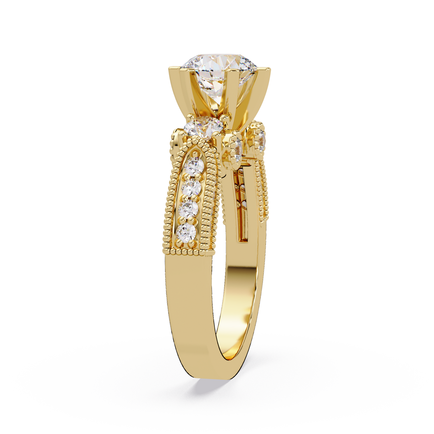 Round Lab Grown Diamond Three Stone Milgrain Band Ring - HIGHCARAT DIAMONDS