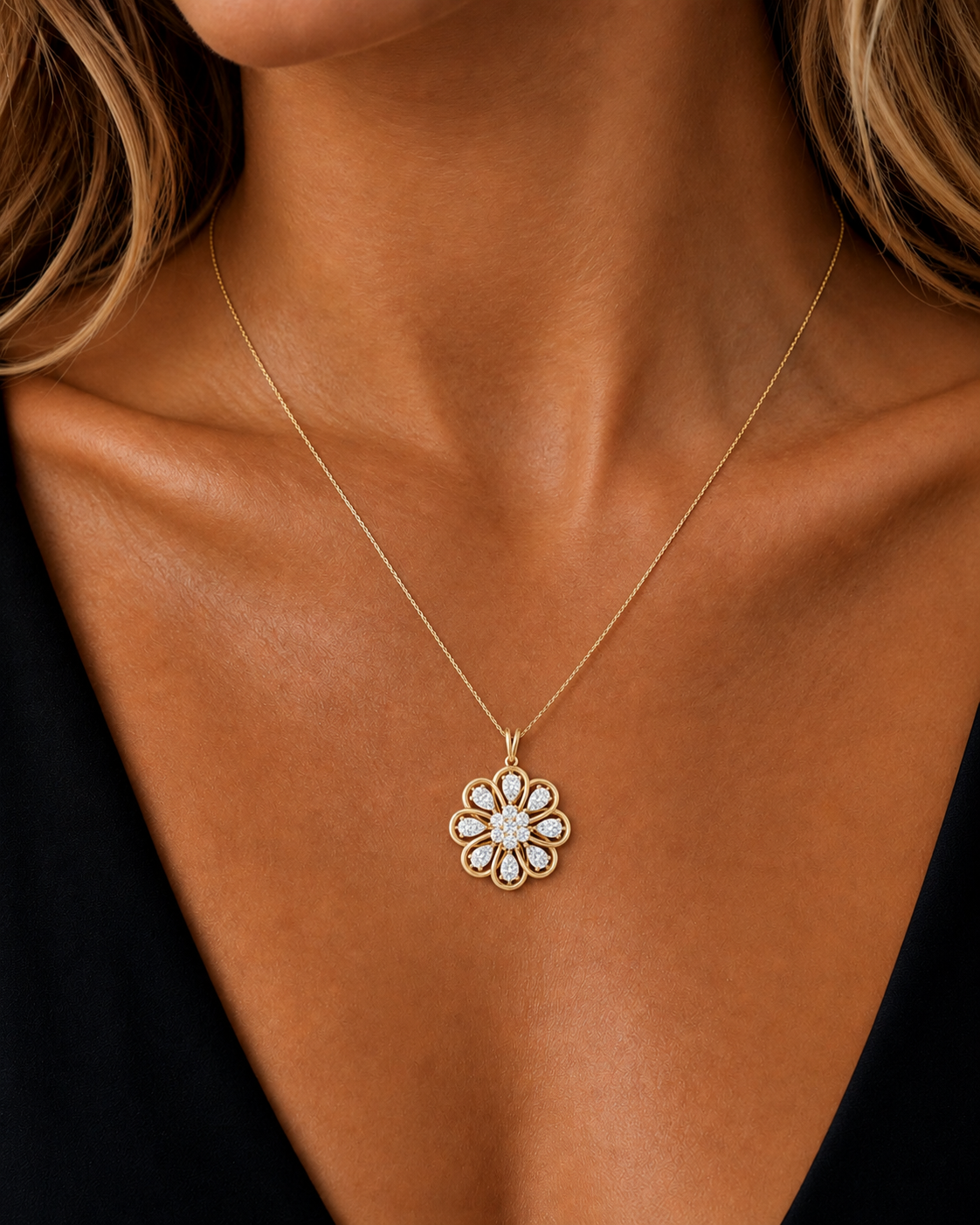 Round & Pear Lab Grown Prong Vintage Flower Shape Diamond Pendant - HIGHCARAT DIAMONDS