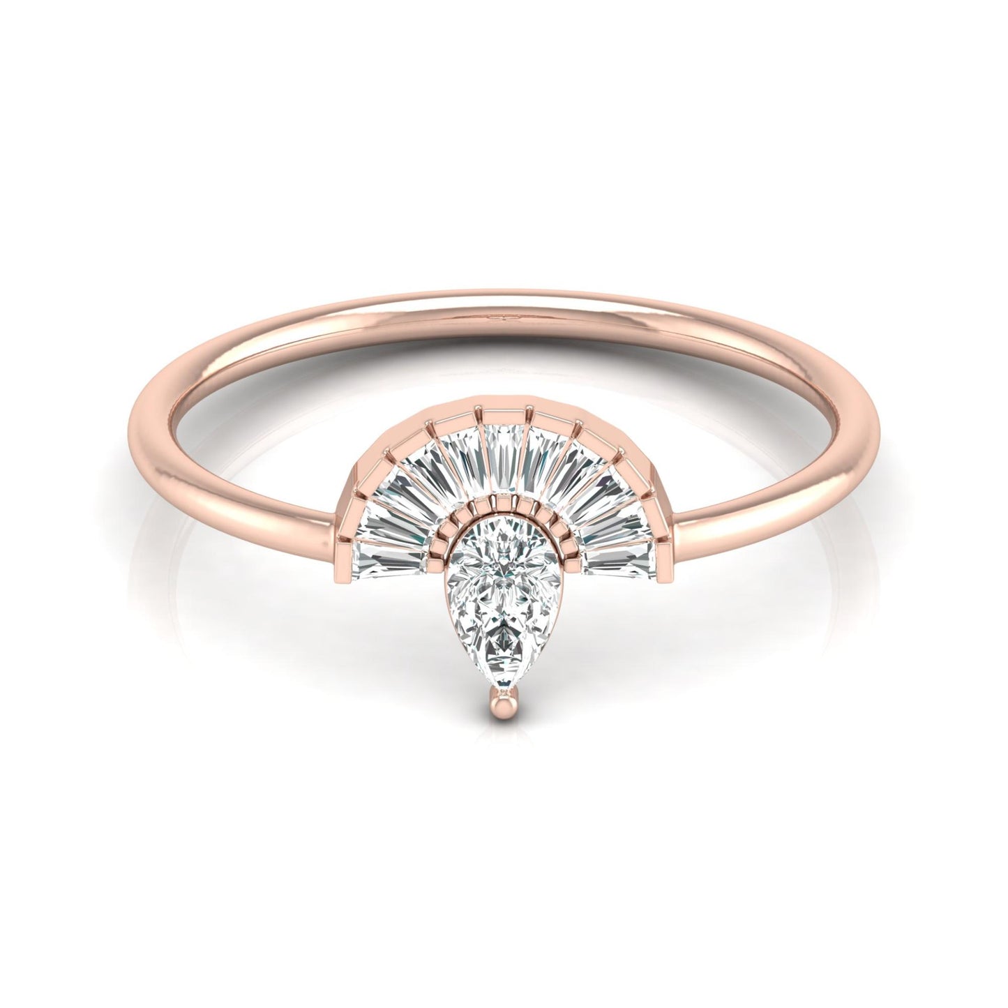 Unique Half-Fan Diamond Ring Featuring Pear and Baguette Cuts In 14K Gold For Her