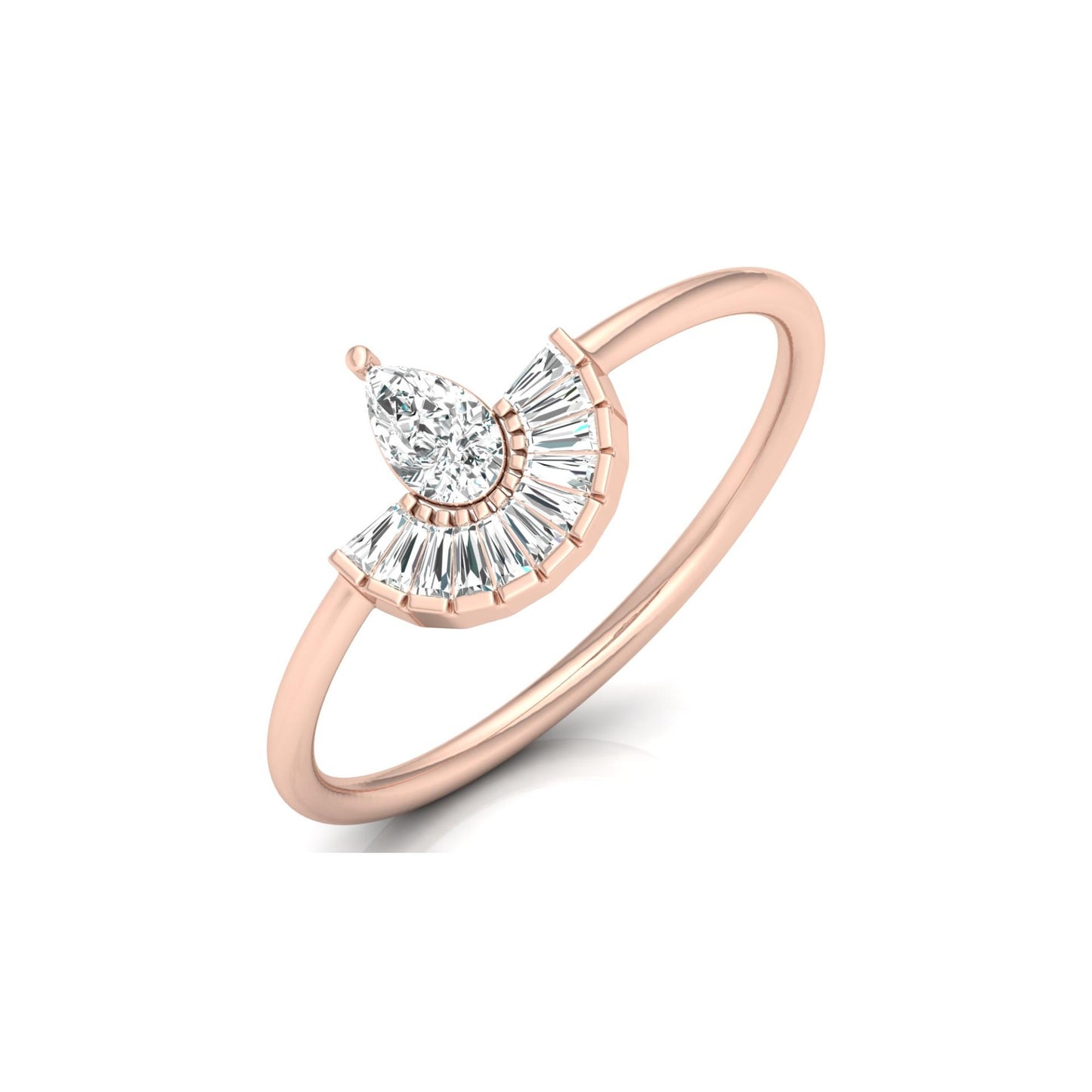 Unique Half-Fan Diamond Ring Featuring Pear and Baguette Cuts In 14K Gold For Her