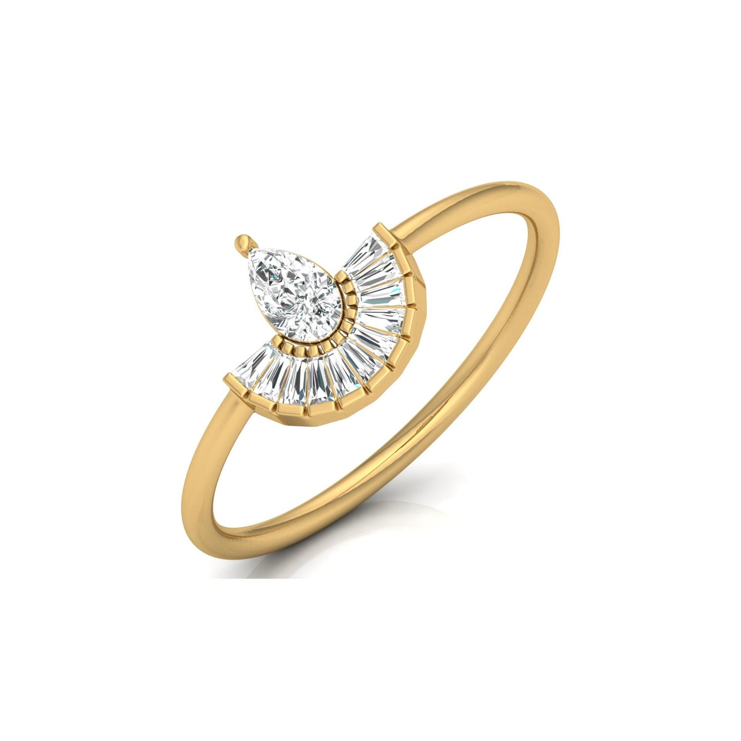 Unique Half-Fan Diamond Ring Featuring Pear and Baguette Cuts In 14K Gold For Her