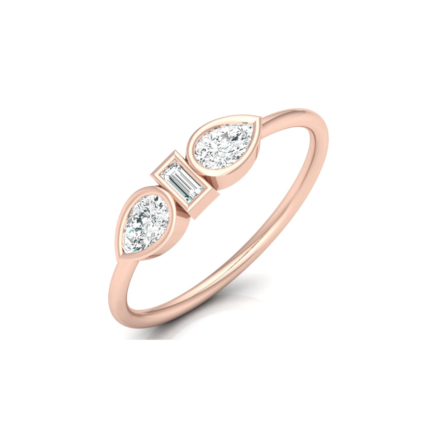 Three Stone Pear And Baguette Shaped Diamond Engagement Ring For Her In 14KT Gold
