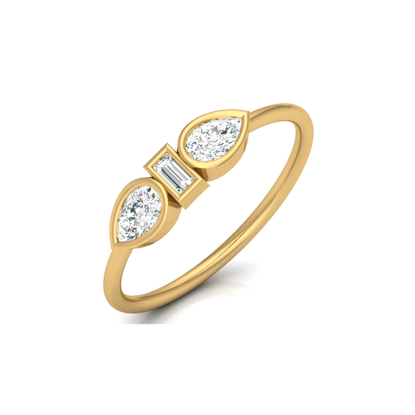 Three Stone Pear And Baguette Shaped Diamond Engagement Ring For Her In 14KT Gold