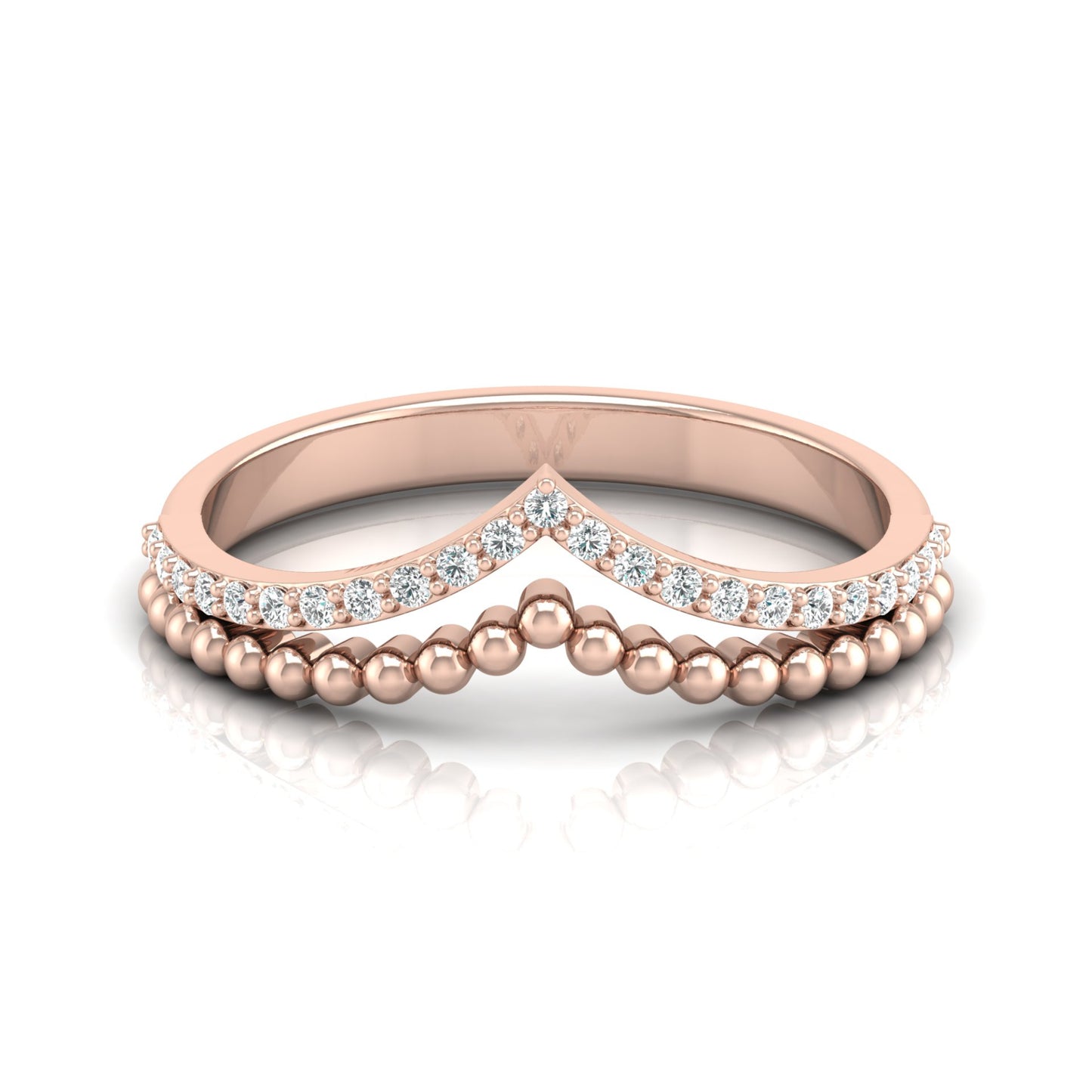 V Shape Crown Diamond Ring Beaded Band Design Dainty Wedding Ring For Her