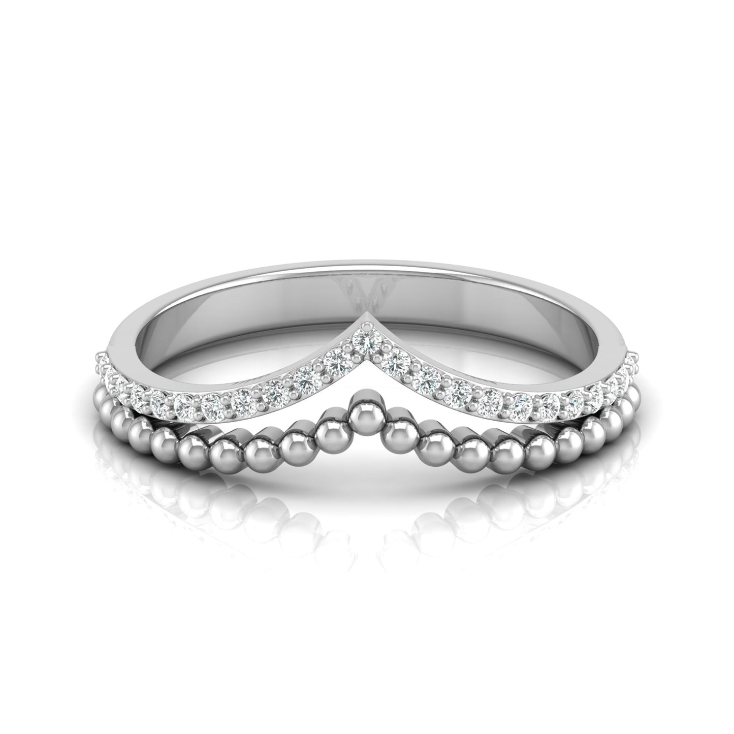 V Shape Crown Diamond Ring Beaded Band Design Dainty Wedding Ring For Her