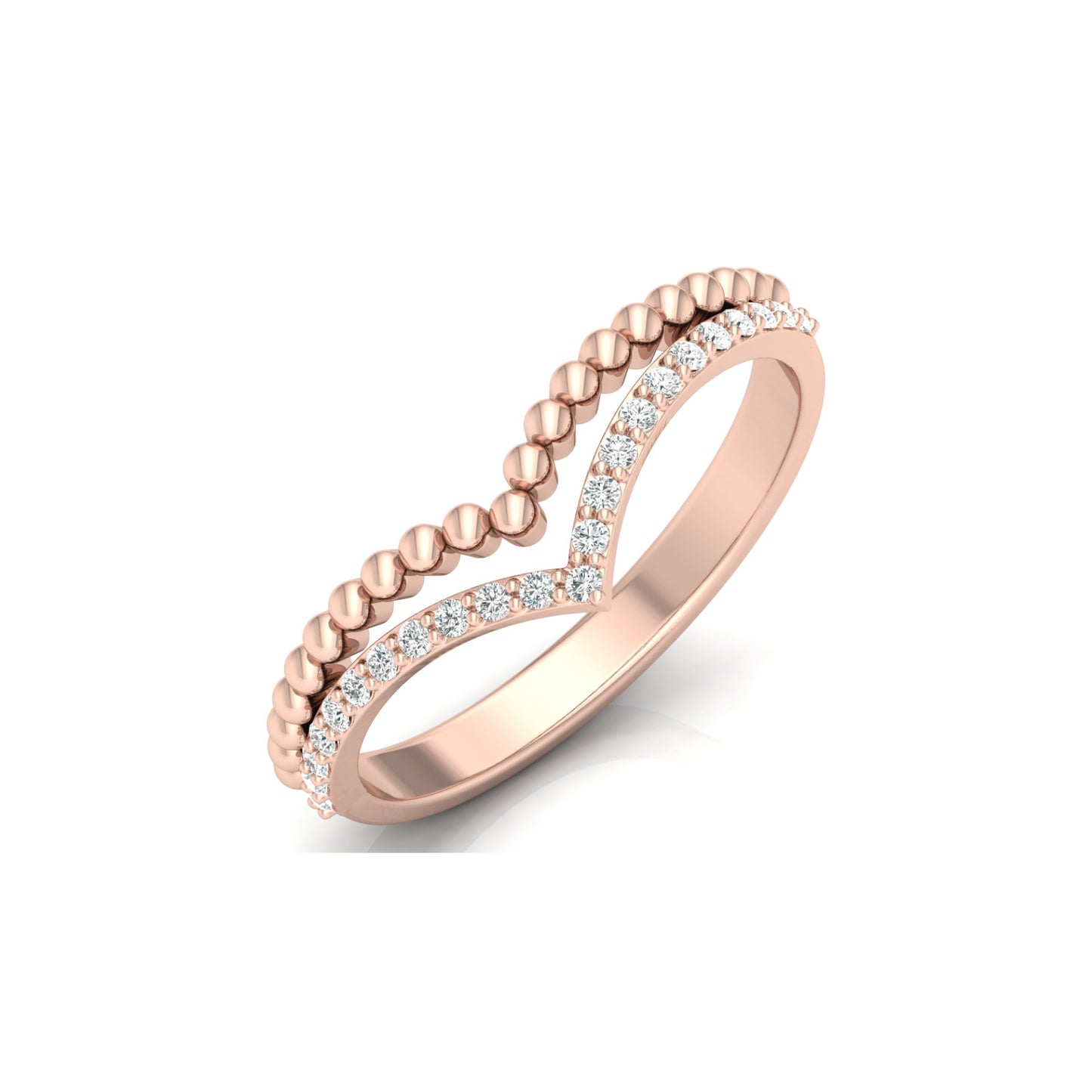 V Shape Crown Diamond Ring Beaded Band Design Dainty Wedding Ring For Her