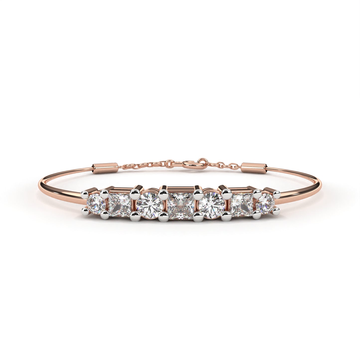Round And Princess Cut Diamond Dainty Minimalist Perfect Stunning 7 Stone Wedding Bangle Bracelet Gift For Her