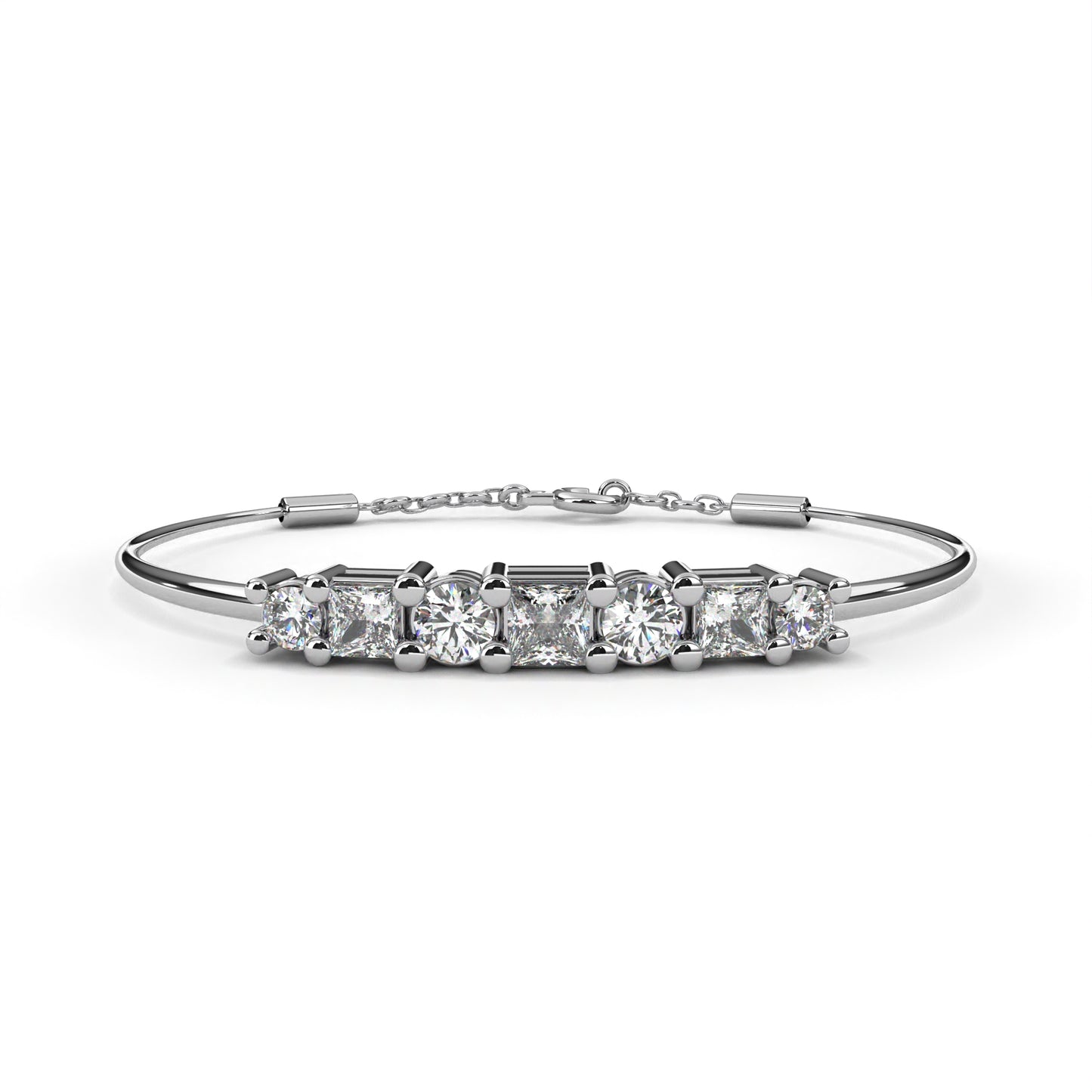 Round And Princess Cut Diamond Dainty Minimalist Perfect Stunning 7 Stone Wedding Bangle Bracelet Gift For Her