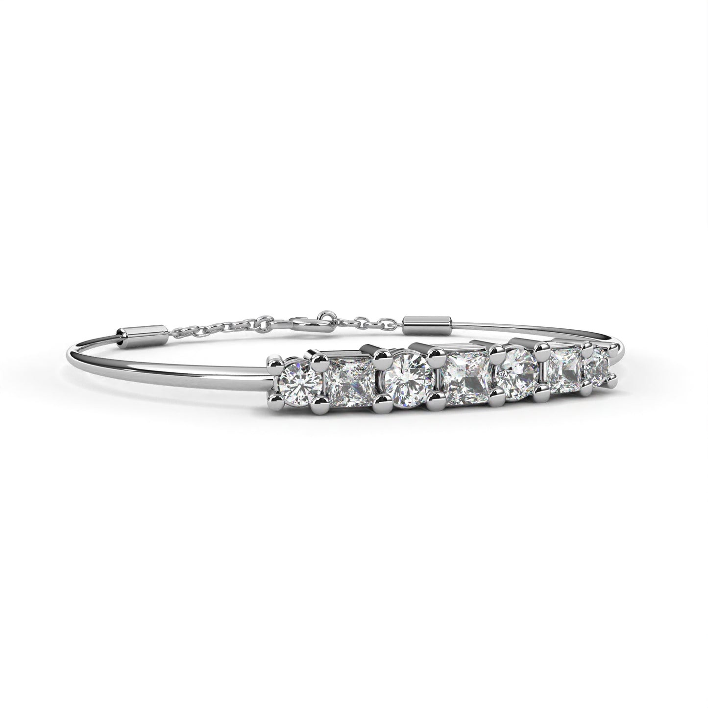 Round And Princess Cut Diamond Dainty Minimalist Perfect Stunning 7 Stone Wedding Bangle Bracelet Gift For Her
