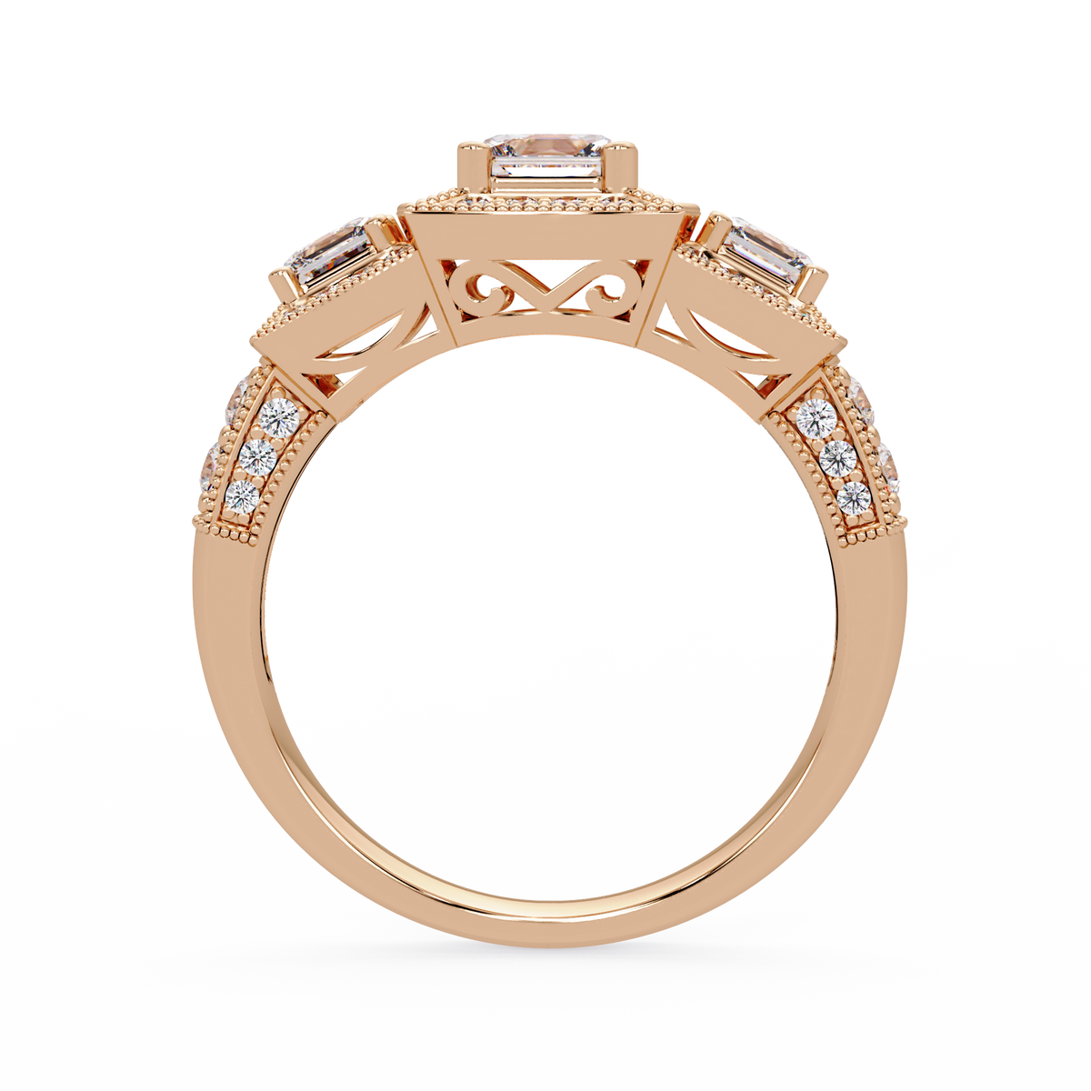 Three Stone Princess Cut Lab Grown Diamond Halo Accent Ring - HIGHCARAT DIAMONDS